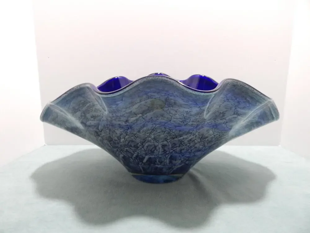 Jozefina Krosno Hand Blown Glass Bowl Blue Gray Black Centerpiece Art